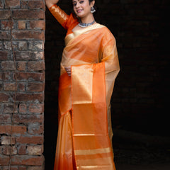Gentle Orange Yellow Banarasi Woven Soft Organza Skirt Border Saree