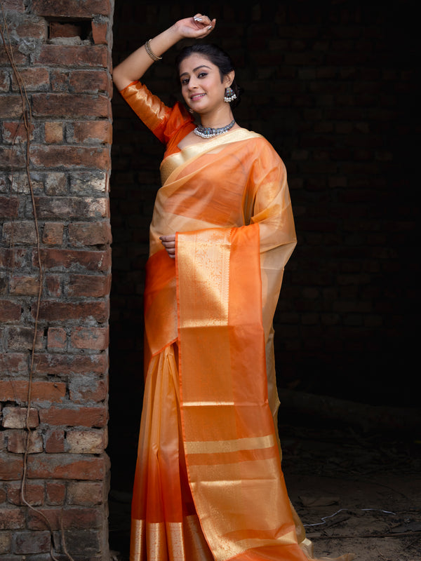 Gentle Orange Yellow Banarasi Woven Soft Organza Skirt Border Saree