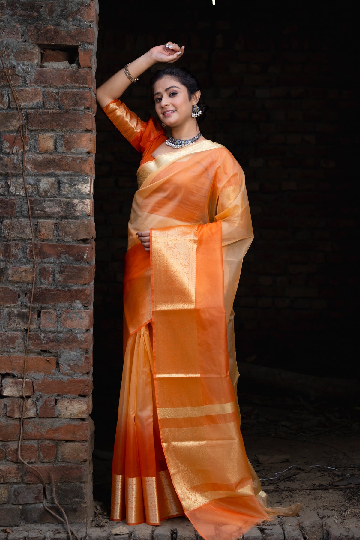 Gentle Orange Yellow Banarasi Woven Soft Organza Skirt Border Saree