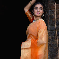 Gentle Orange Yellow Banarasi Woven Soft Organza Skirt Border Saree