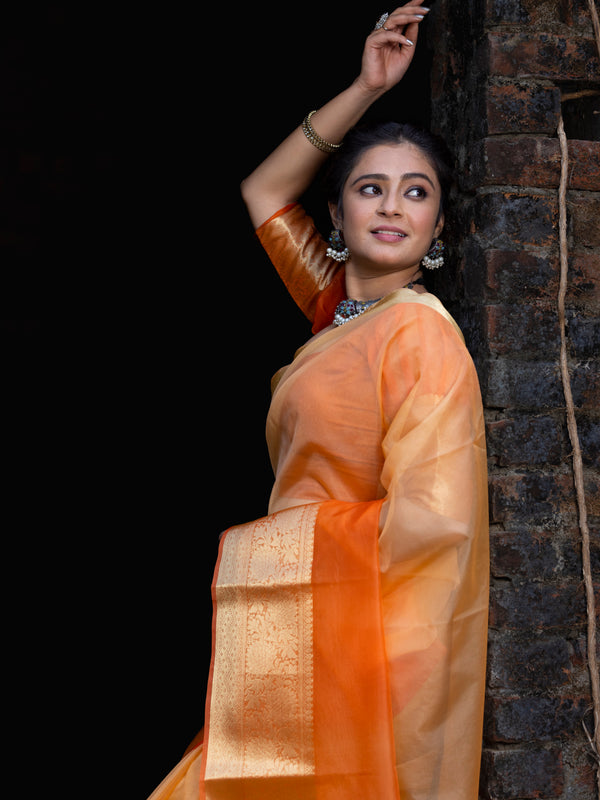 Gentle Orange Yellow Banarasi Woven Soft Organza Skirt Border Saree
