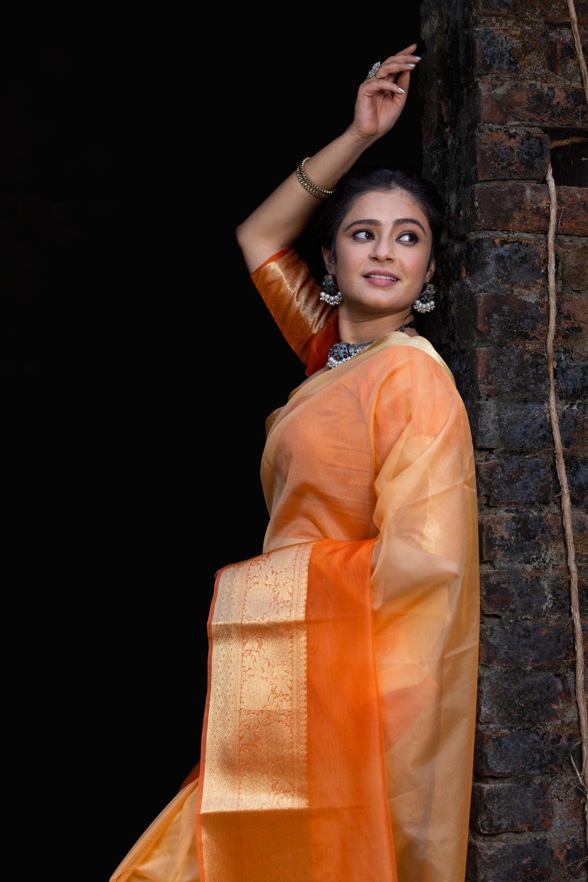 Gentle Orange Yellow Banarasi Woven Soft Organza Skirt Border Saree