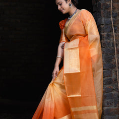 Gentle Orange Yellow Banarasi Woven Soft Organza Skirt Border Saree
