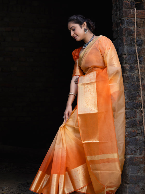 Gentle Orange Yellow Banarasi Woven Soft Organza Skirt Border Saree