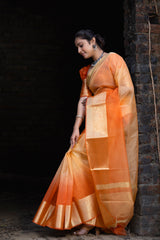Gentle Orange Yellow Banarasi Woven Soft Organza Skirt Border Saree