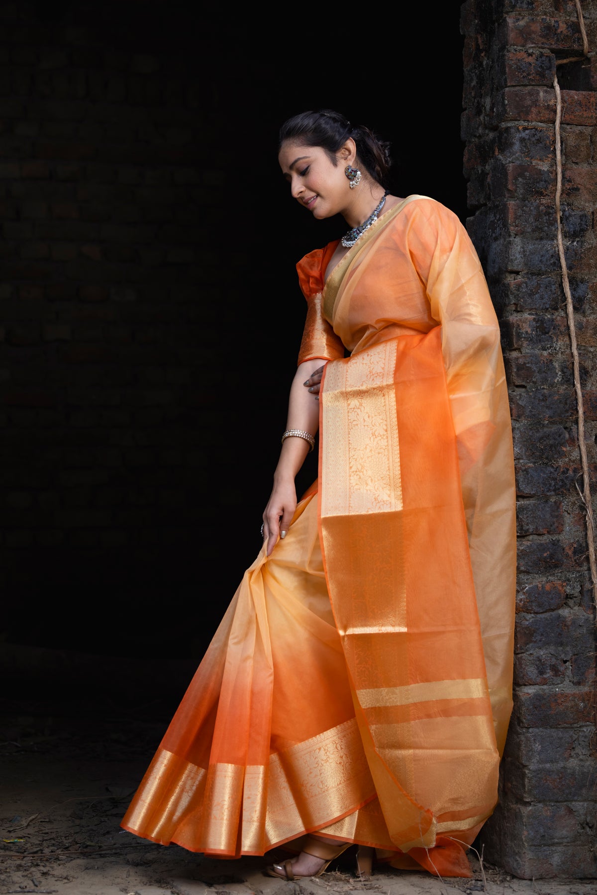 Gentle Orange Yellow Banarasi Woven Soft Organza Skirt Border Saree