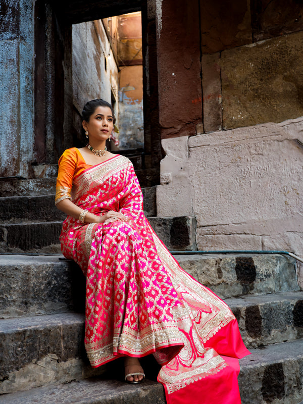 Rani-Red  Rangkaat Banarasi Mashru Silk Saree | Designer Gota Patti Work Saree