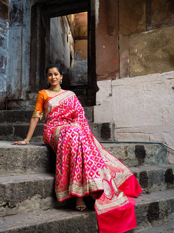 Rani-Red  Rangkaat Banarasi Mashru Silk Saree | Designer Gota Patti Work Saree