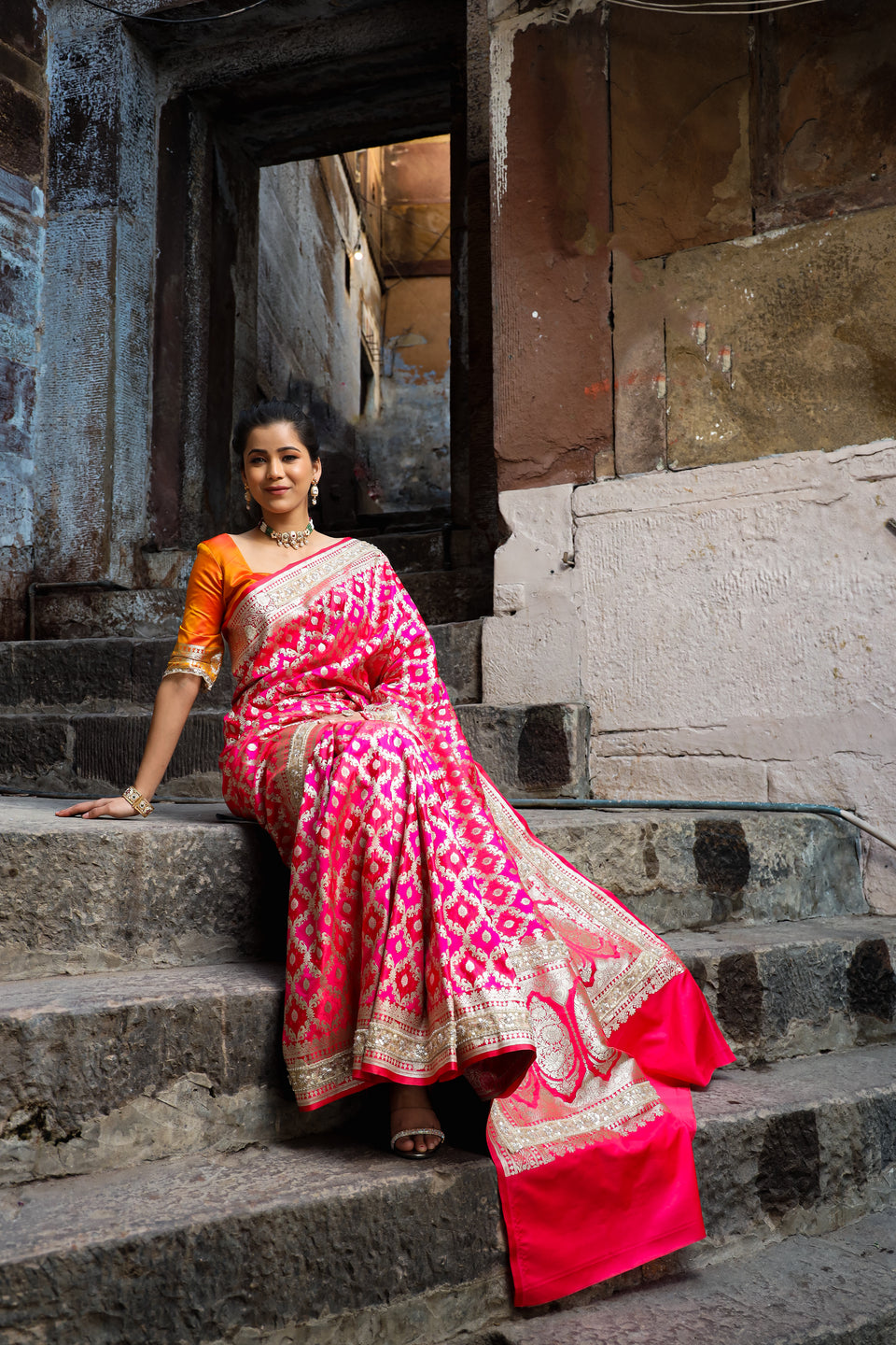 Rani-Red  Rangkaat Banarasi Mashru Silk Saree | Designer Gota Patti Work Saree
