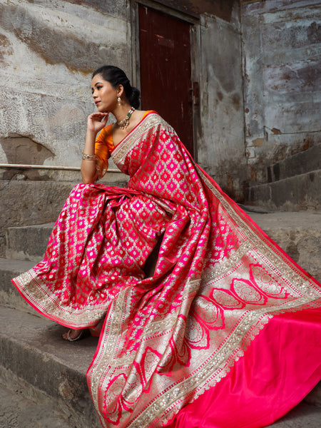 Rani-Red  Rangkaat Banarasi Mashru Silk Saree | Designer Gota Patti Work Saree