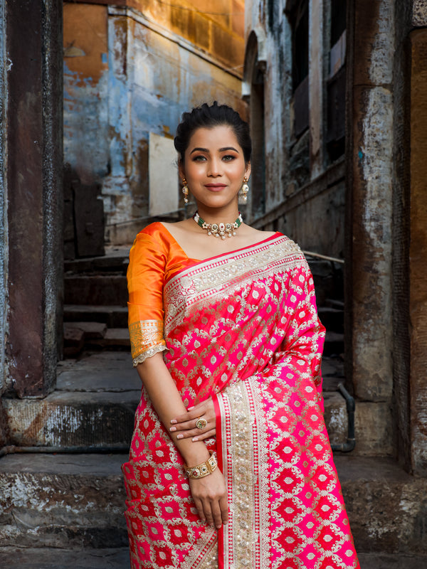 Rani-Red  Rangkaat Banarasi Mashru Silk Saree | Designer Gota Patti Work Saree