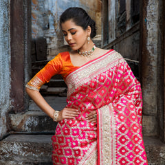 Rani-Red  Rangkaat Banarasi Mashru Silk Saree | Designer Gota Patti Work Saree