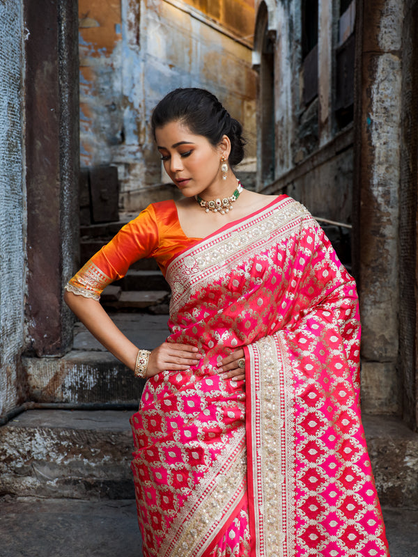 Rani-Red  Rangkaat Banarasi Mashru Silk Saree | Designer Gota Patti Work Saree