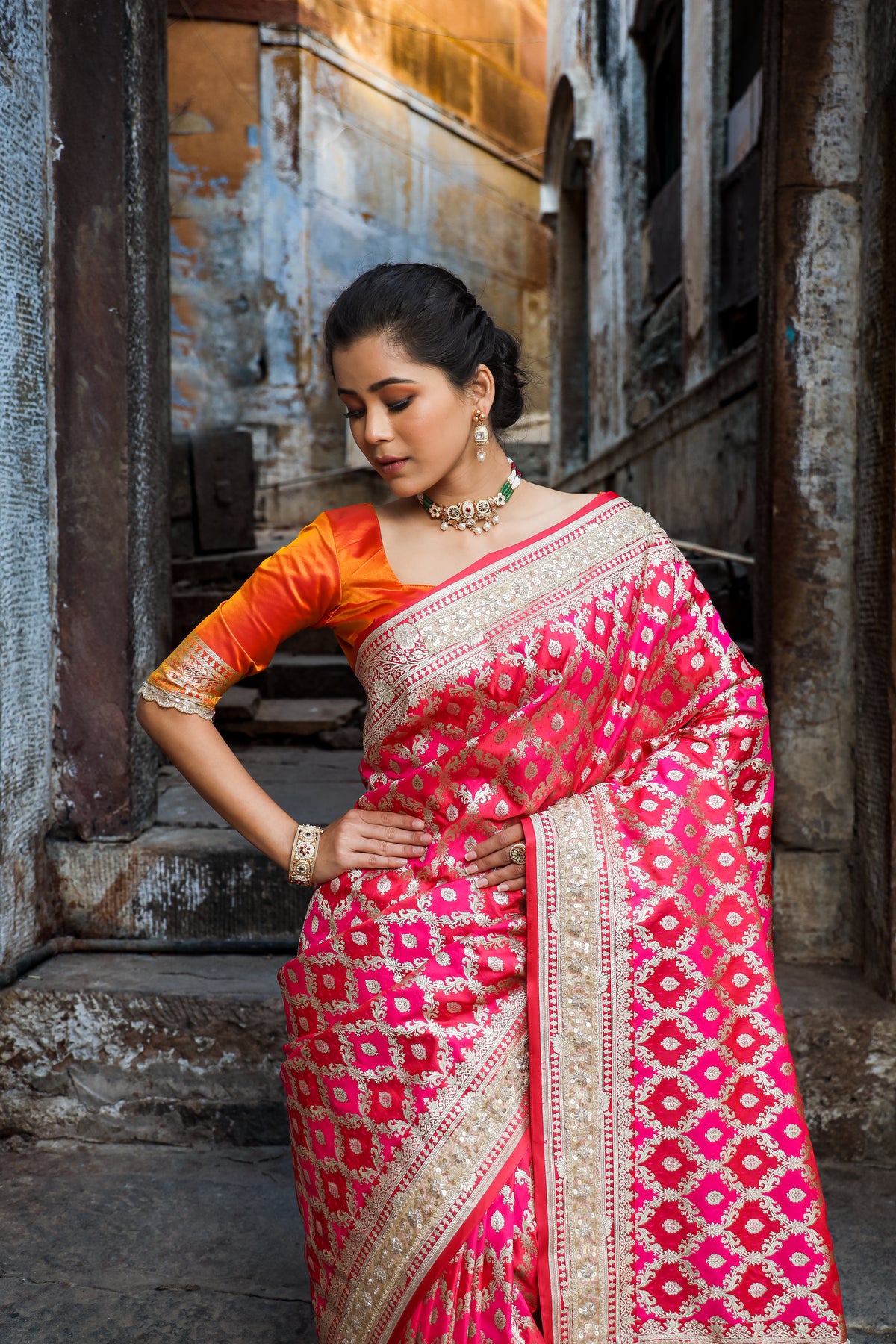 Rani-Red  Rangkaat Banarasi Mashru Silk Saree | Designer Gota Patti Work Saree
