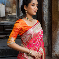 Rani-Red  Rangkaat Banarasi Mashru Silk Saree | Designer Gota Patti Work Saree