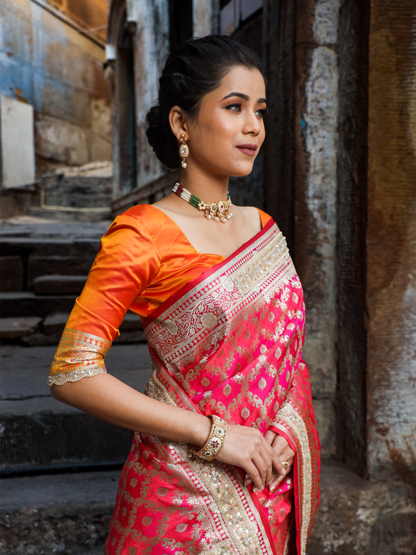 Rani-Red  Rangkaat Banarasi Mashru Silk Saree | Designer Gota Patti Work Saree