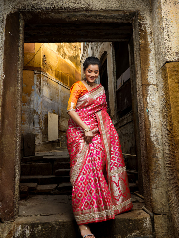 Rani-Red  Rangkaat Banarasi Mashru Silk Saree | Designer Gota Patti Work Saree