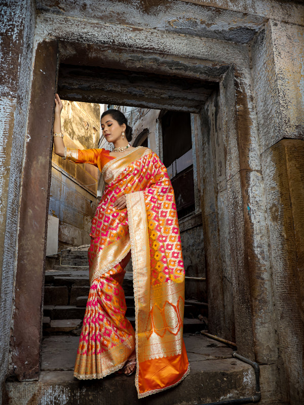 Mustard-Rani Rangkaat Banarasi Mashru Silk Saree | Designer Gota Patti Work Saree
