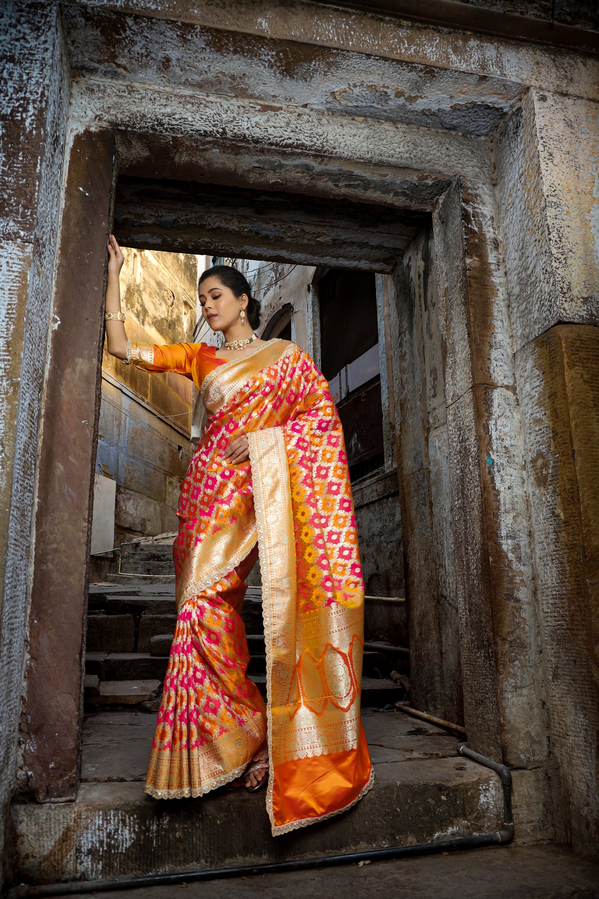 Mustard-Rani Rangkaat Banarasi Mashru Silk Saree | Designer Gota Patti Work Saree