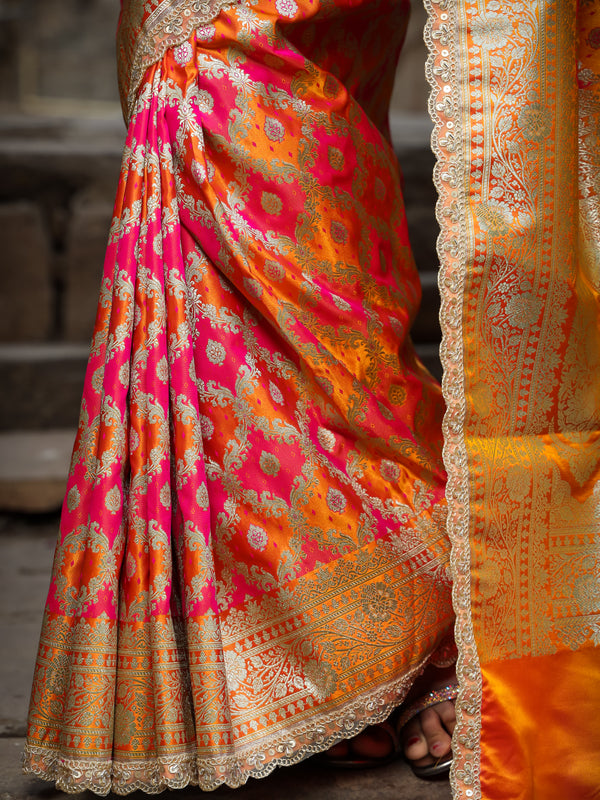 Mustard-Rani Rangkaat Banarasi Mashru Silk Saree | Designer Gota Patti Work Saree