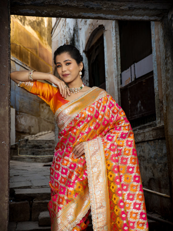 Mustard-Rani Rangkaat Banarasi Mashru Silk Saree | Designer Gota Patti Work Saree