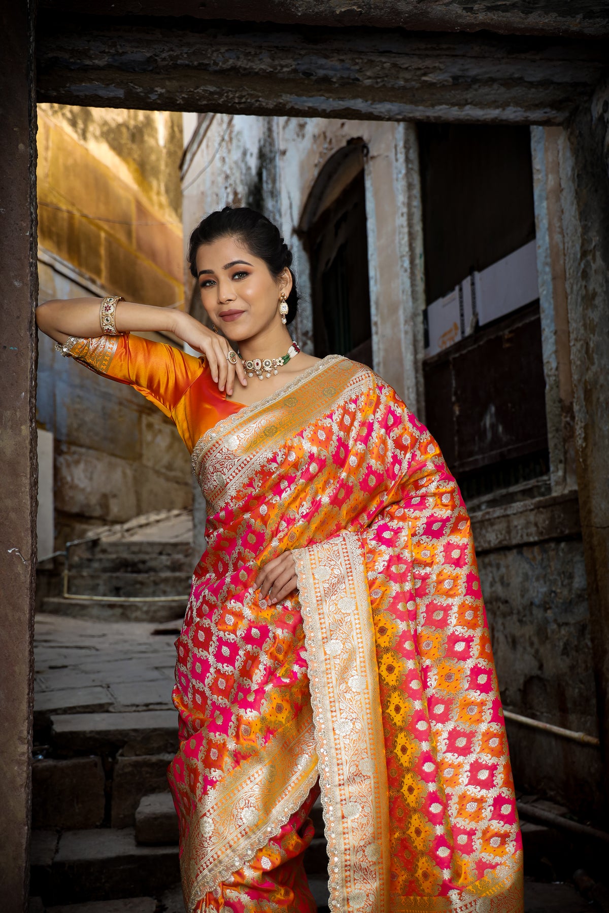 Mustard-Rani Rangkaat Banarasi Mashru Silk Saree | Designer Gota Patti Work Saree