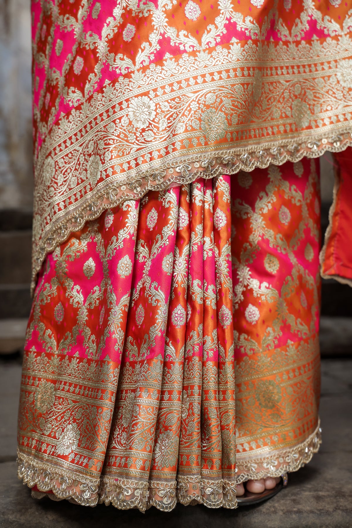 Mustard-Rani Rangkaat Banarasi Mashru Silk Saree | Designer Gota Patti Work Saree