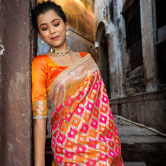 Mustard-Rani Rangkaat Banarasi Mashru Silk Saree | Designer Gota Patti Work Saree