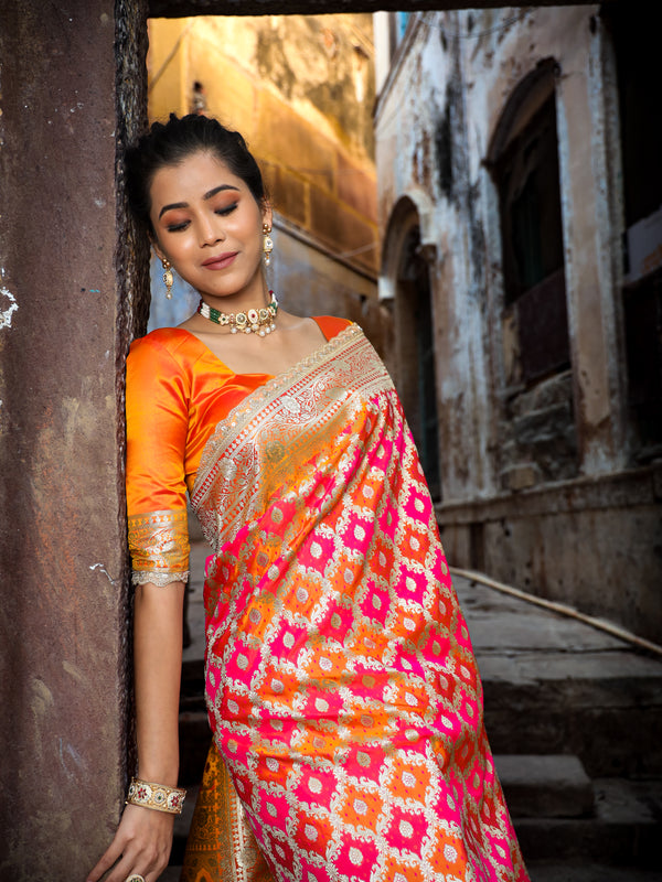Mustard-Rani Rangkaat Banarasi Mashru Silk Saree | Designer Gota Patti Work Saree