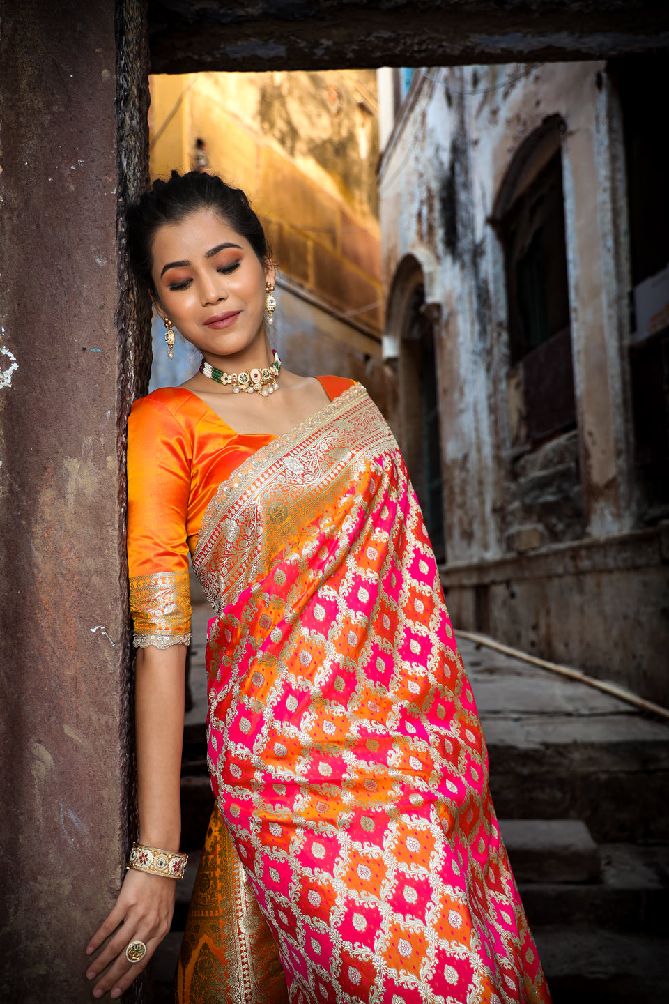 Mustard-Rani Rangkaat Banarasi Mashru Silk Saree | Designer Gota Patti Work Saree