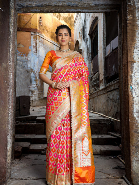 Mustard-Rani Rangkaat Banarasi Mashru Silk Saree | Designer Gota Patti Work Saree