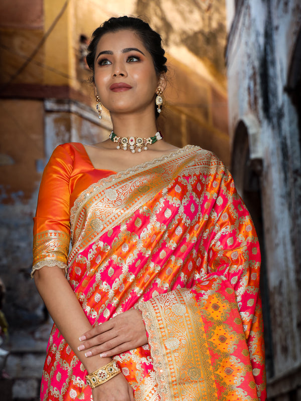 Mustard-Rani Rangkaat Banarasi Mashru Silk Saree | Designer Gota Patti Work Saree