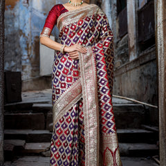 Garnet-Navy Rangkaat Banarasi Mashru Silk Saree | Designer Gota Patti Work Saree