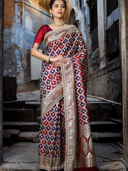 Garnet-Navy Rangkaat Banarasi Mashru Silk Saree | Designer Gota Patti Work Saree