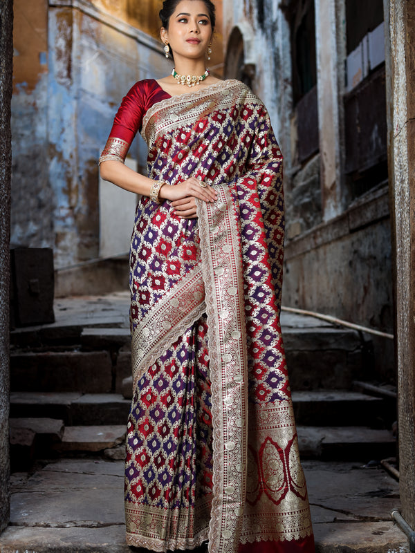 Garnet-Navy Rangkaat Banarasi Mashru Silk Saree | Designer Gota Patti Work Saree