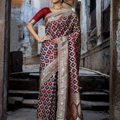 Garnet-Navy Rangkaat Banarasi Mashru Silk Saree | Designer Gota Patti Work Saree