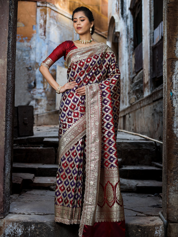 Garnet-Navy Rangkaat Banarasi Mashru Silk Saree | Designer Gota Patti Work Saree