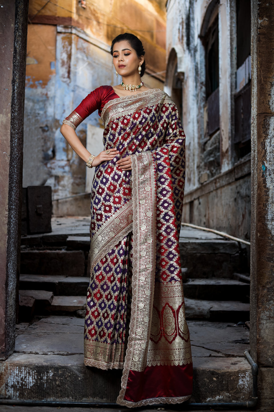 Garnet-Navy Rangkaat Banarasi Mashru Silk Saree | Designer Gota Patti Work Saree