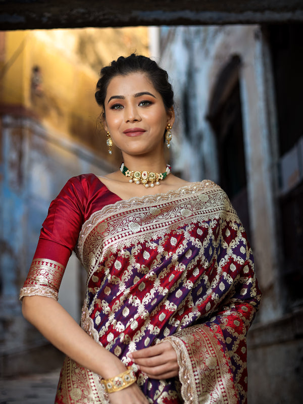 Garnet-Navy Rangkaat Banarasi Mashru Silk Saree | Designer Gota Patti Work Saree