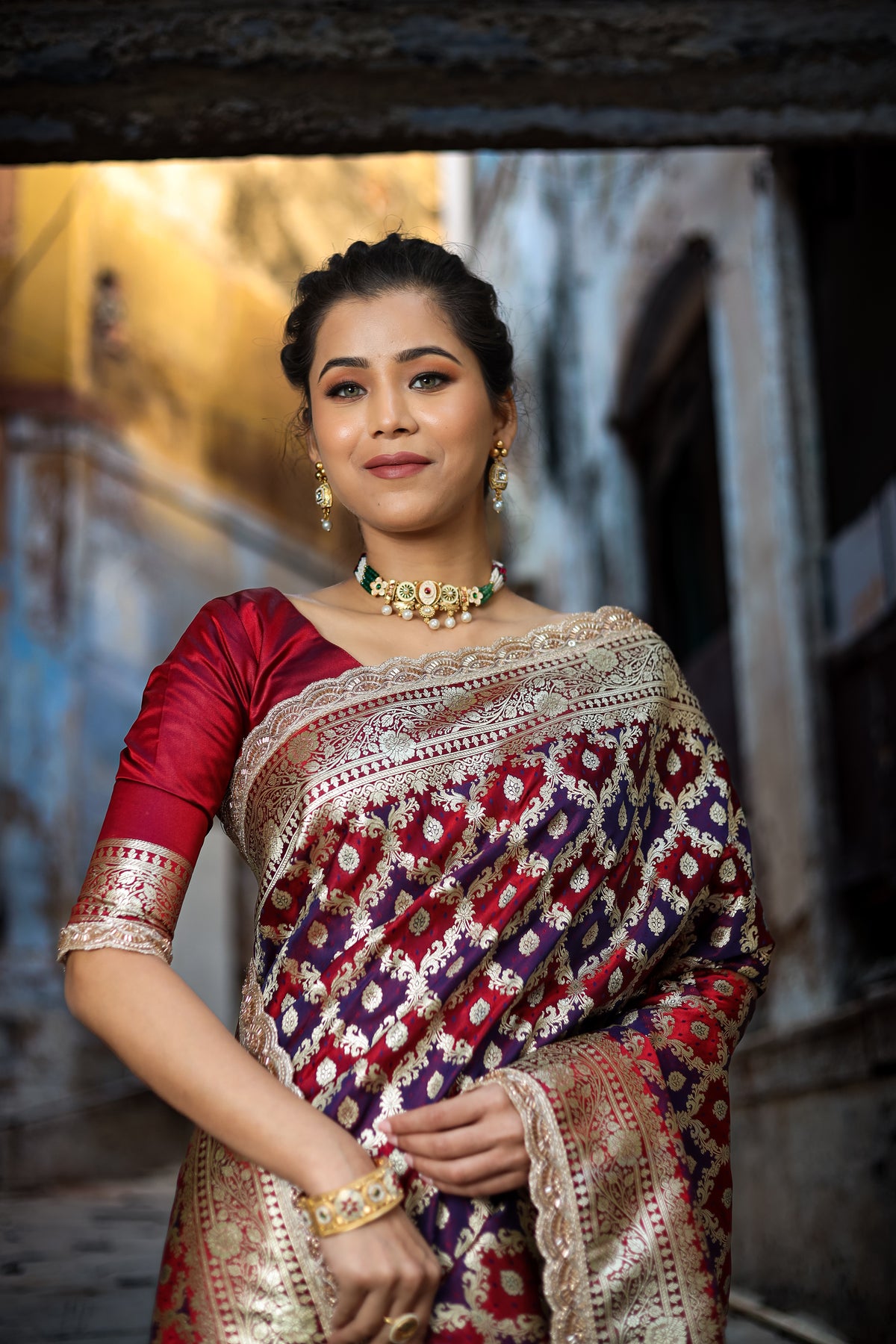Garnet-Navy Rangkaat Banarasi Mashru Silk Saree | Designer Gota Patti Work Saree