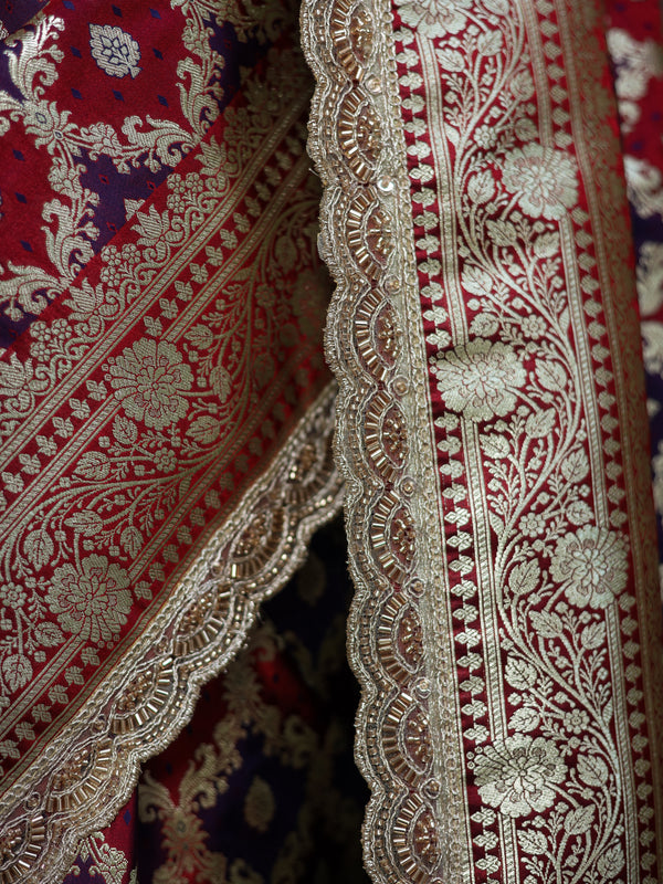Garnet-Navy Rangkaat Banarasi Mashru Silk Saree | Designer Gota Patti Work Saree