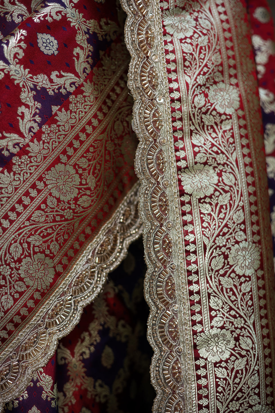 Garnet-Navy Rangkaat Banarasi Mashru Silk Saree | Designer Gota Patti Work Saree