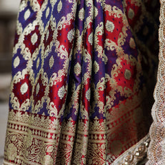 Garnet-Navy Rangkaat Banarasi Mashru Silk Saree | Designer Gota Patti Work Saree