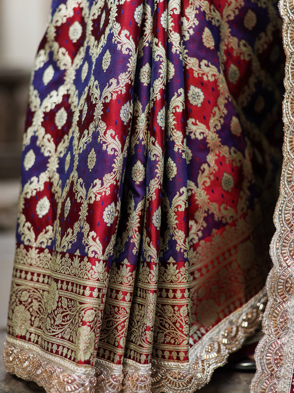 Garnet-Navy Rangkaat Banarasi Mashru Silk Saree | Designer Gota Patti Work Saree