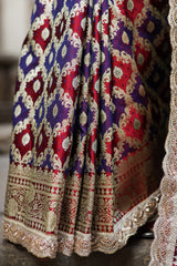 Garnet-Navy Rangkaat Banarasi Mashru Silk Saree | Designer Gota Patti Work Saree