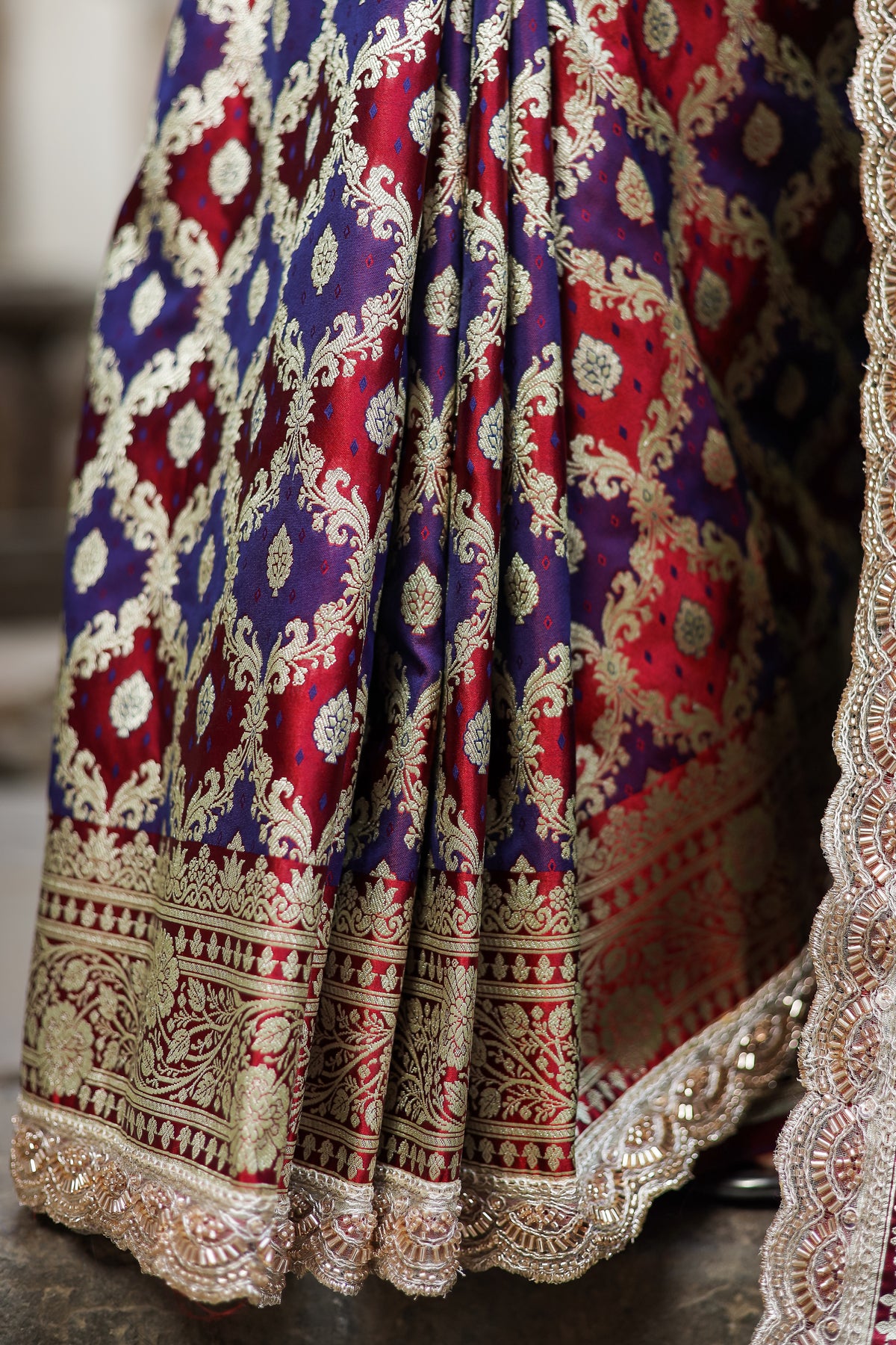 Garnet-Navy Rangkaat Banarasi Mashru Silk Saree | Designer Gota Patti Work Saree