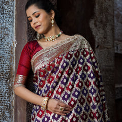Garnet-Navy Rangkaat Banarasi Mashru Silk Saree | Designer Gota Patti Work Saree