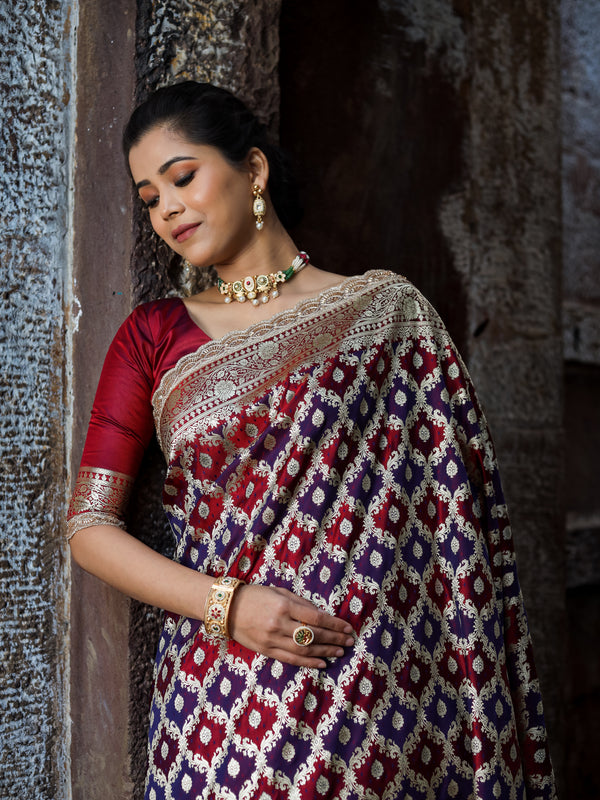 Garnet-Navy Rangkaat Banarasi Mashru Silk Saree | Designer Gota Patti Work Saree