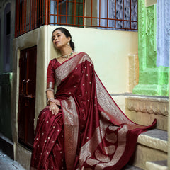 Garnet Wine Siroski Intricate Stone Work Banarasi Mashru Silk Saree