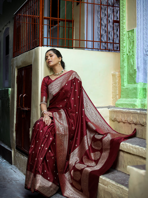 Garnet Wine Siroski Intricate Stone Work Banarasi Mashru Silk Saree